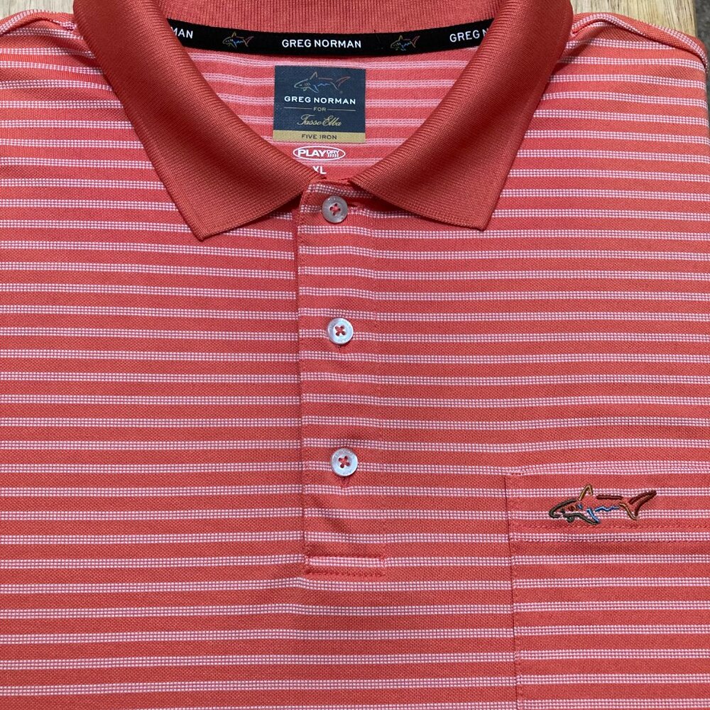 Greg Norman for Tasso Ella polo shirt size XL coral w/white stripes